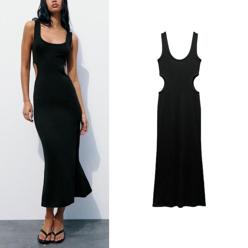 Spring New Elegant Sexy round Neck Wide Shoulder Strap Silm Hip Knitwear Hollow Dress 4174344