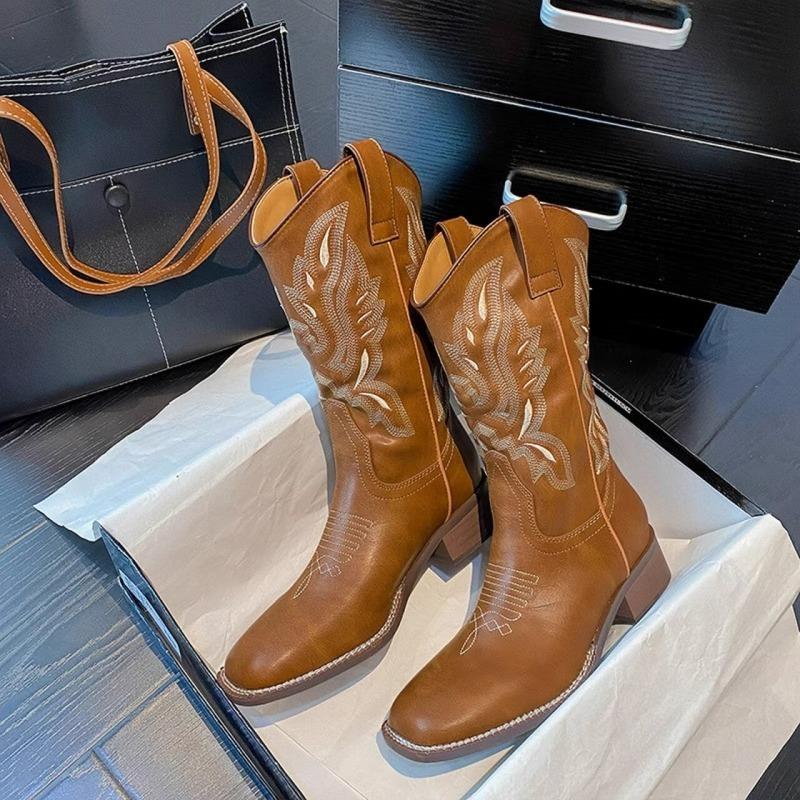 Cowhide version genuine leather western cowboy boots women's new embroidered long knight boots square heel boots summer