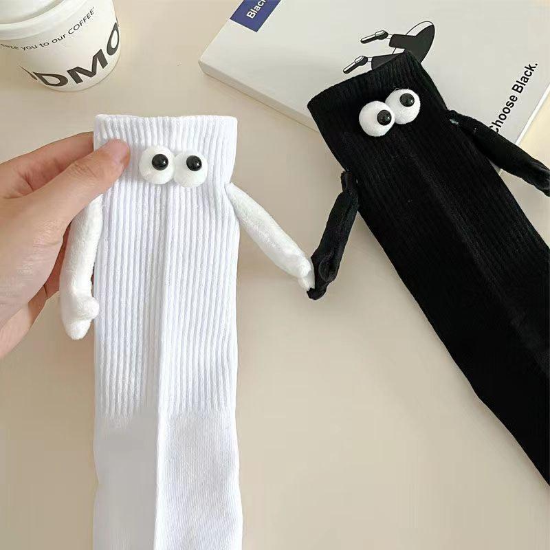1 paio di calzini per coppie alla moda, divertenti, creativi, per attrazione magnetica, mani, occhi di cartone animato bianco nero, calzini per coppie mano nella mano
