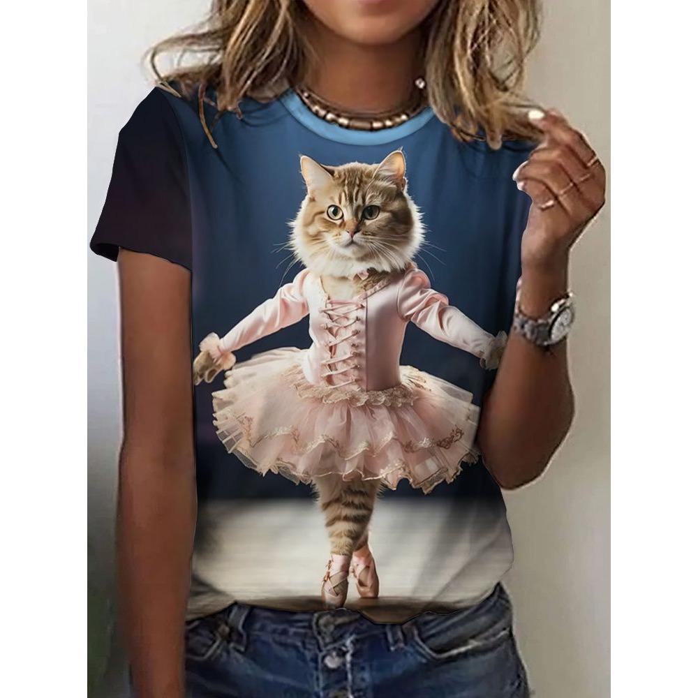 New Cute Cat Dances Ballet T-Shirts 3D Print Women Short Sleeve Round Neck T Shirt Summer Tees Harajuku Y2K Tops Female Clothing