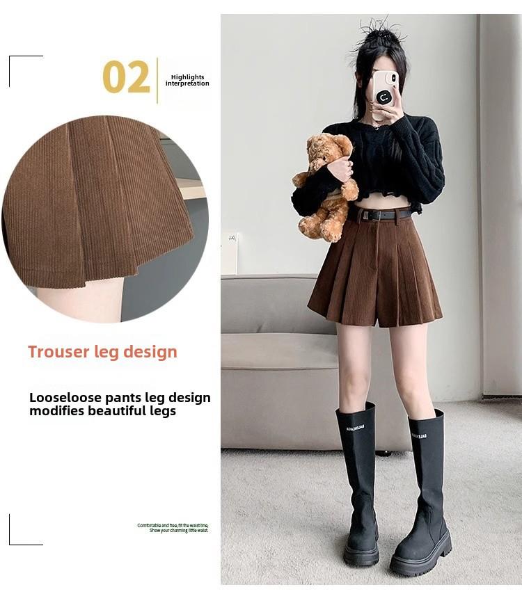 Women's High-Waist Corduroy Pleated Shorts - Slim, Wide-Leg, All-Match Casual for Autumn/Winter 2023
