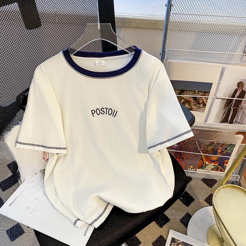 

Летняя женская футболка Niche Simple Peplum Short Positive Shoulder Design Color Collision Embroidery Short Sleeve XL белый