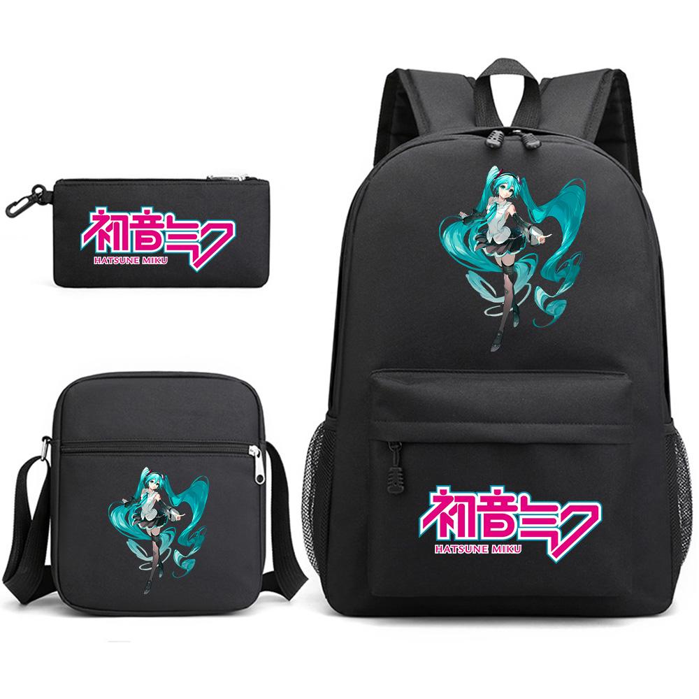 3Pcs/set Anime Cartoon Hatsune Miku Printed Backpack with Shoulder Bag Pencil Case for Teenager Student Boy Girl Large Capacity Waterproof Schoolbag