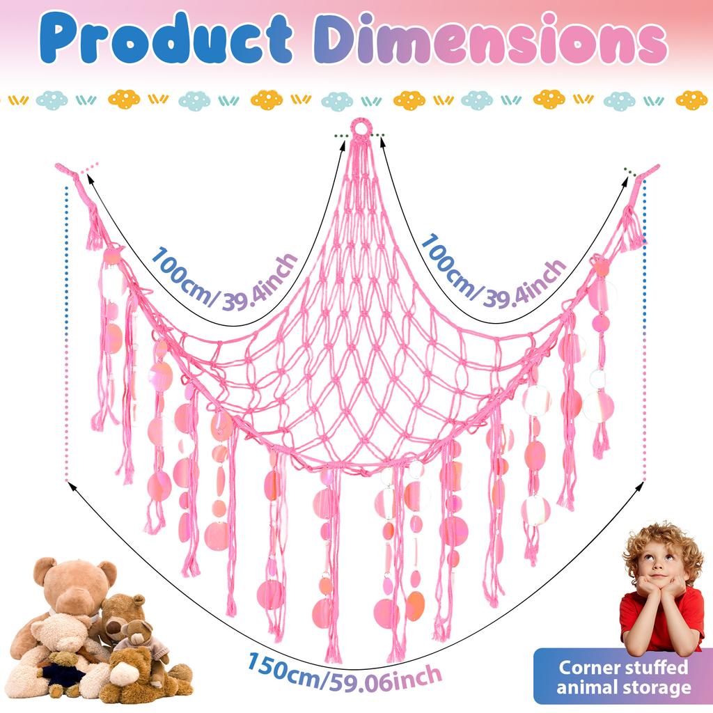 Stuffed Animal Hammock with LED Lights Wall Corner Hanging Plush Toy Storage Net Woven Cotton Rope Kids Nursery Decor