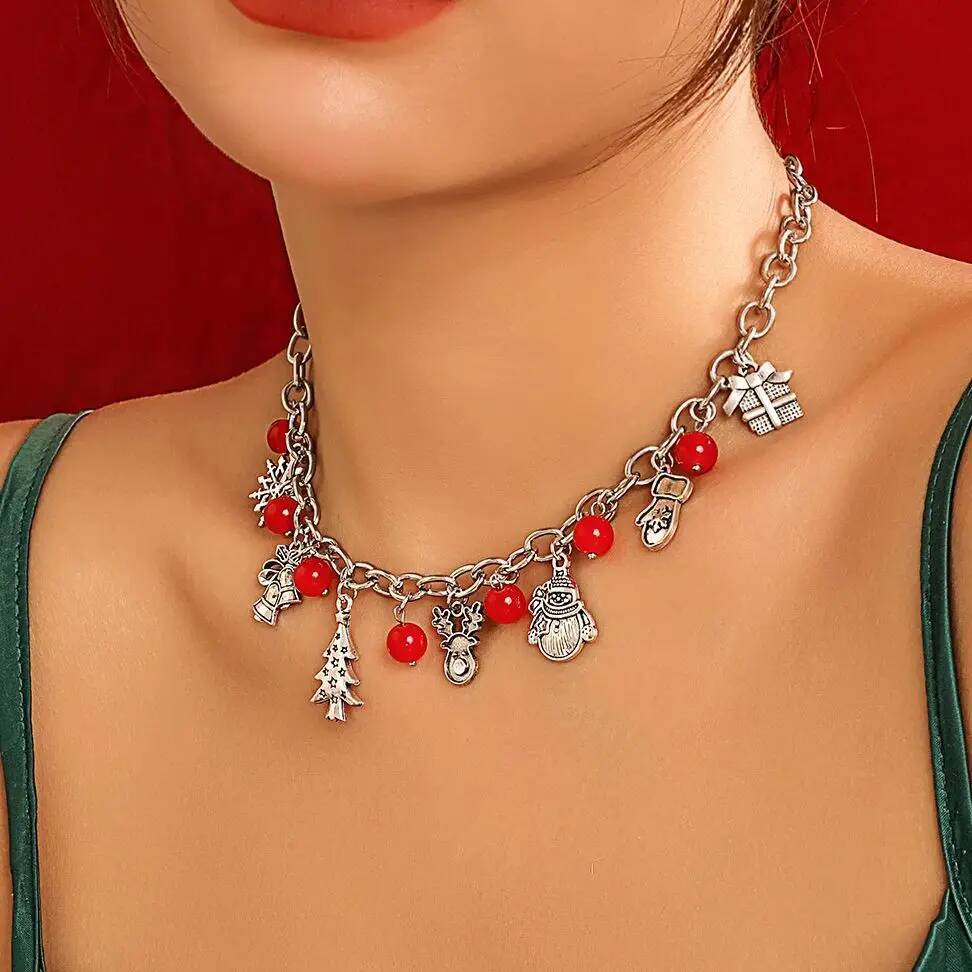 Salircon New Trendy Christmas Series Charm Necklace Women Metal Santa Claus Elk Snowman Bell Pendant Choker Neck Jewelry Gift