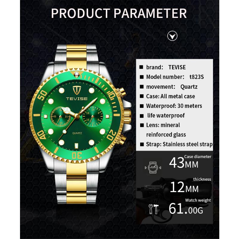 Tevise Men Business Watch Stainless Steel Quartz Watch Date Fashion Casual Watches Sapphire Crystal Watch