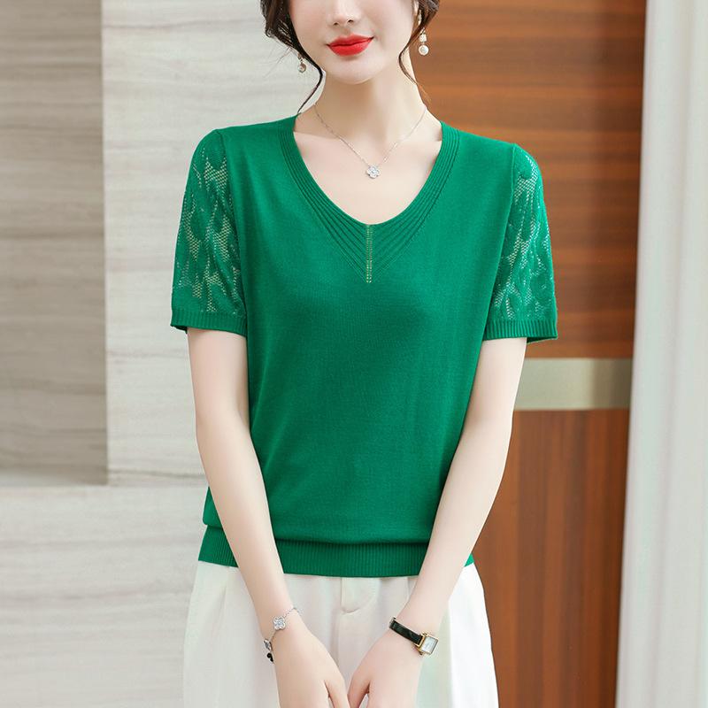 Sommer dünnes V-Ausschnitt Spitze elegantes Damen T-Shirt Allround