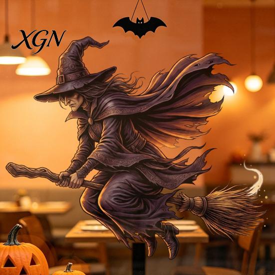 Halloween Party Supplies Witch on Broomstick Static Cling, Themed Glass Window Sticker, Decals Removable Wall Cling for Storefront Windows Doors