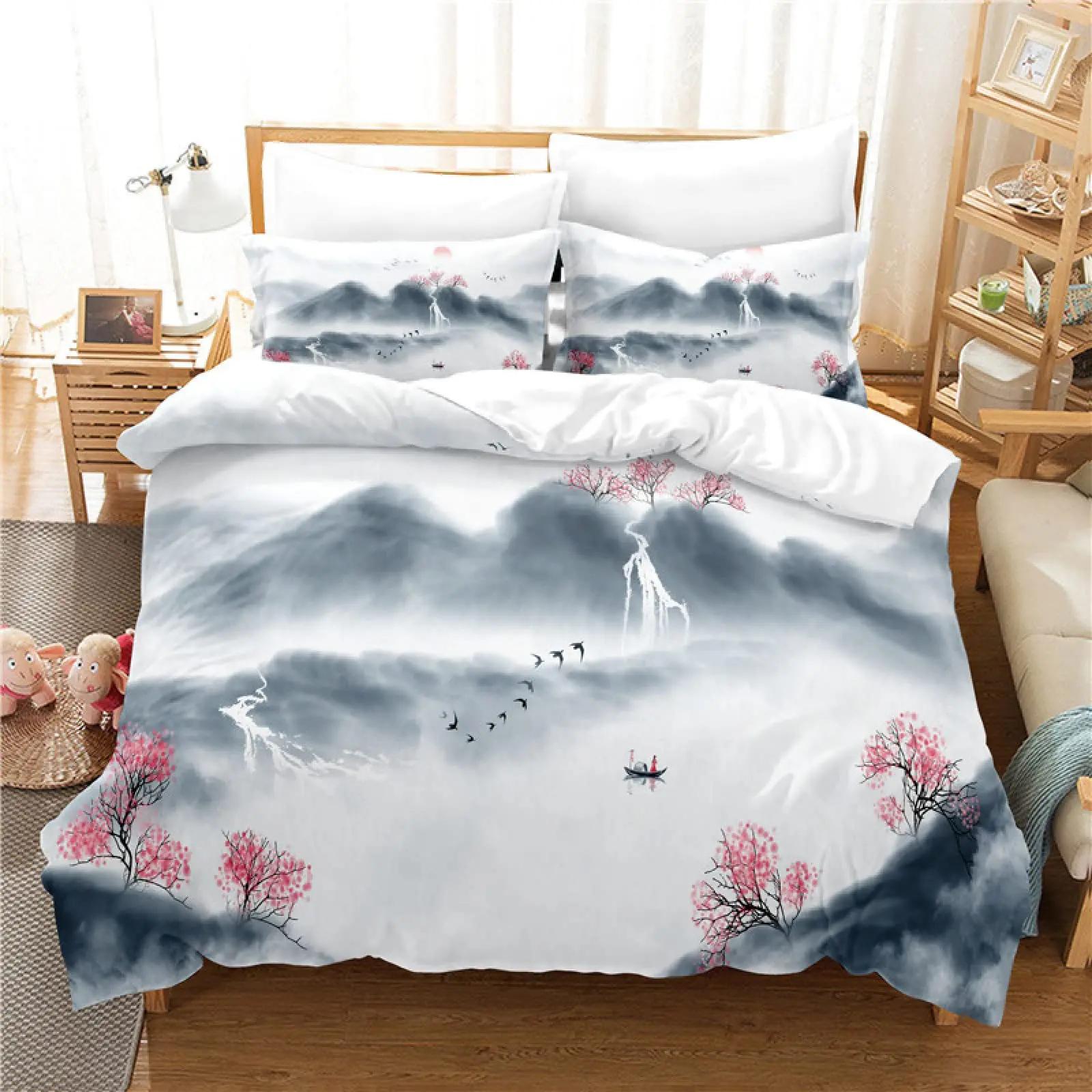 

Ink Painting King Quen Soft Duvet Cover Red Maple Leaf Beding Set Chinese Traditional Culture Comfortable Quilt Cover Polyester Warm Comforter Cover 135*200cm Eu-Single