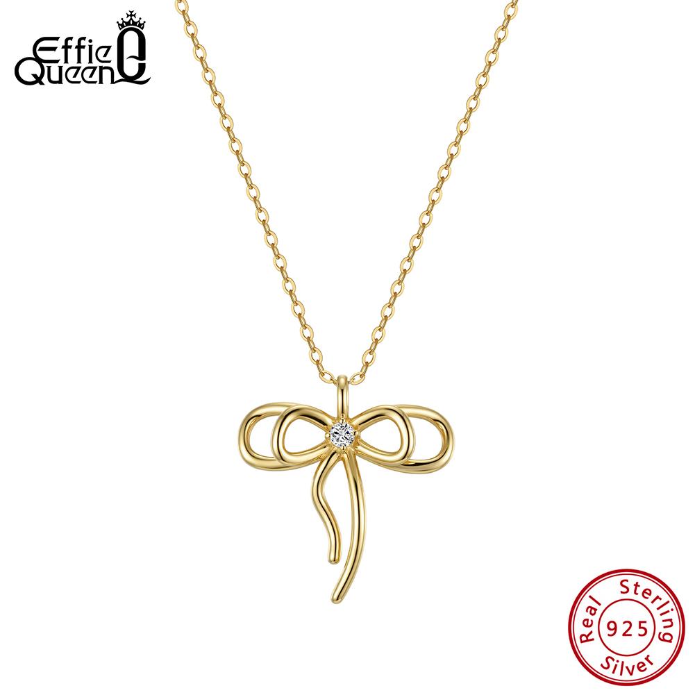 Effie Queen 925 Sterling Silver Bowknot Necklace Fashion Aesthetic Zircon Bow Pendant Choker Jewelry Daily Accessories SAPN63