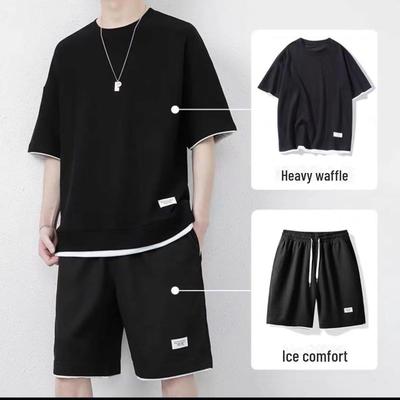 Youth Summer Ice Silk Waffle Suit Short Sleeve Tops + Shorts Casual Handsome Sports Two Piece Set