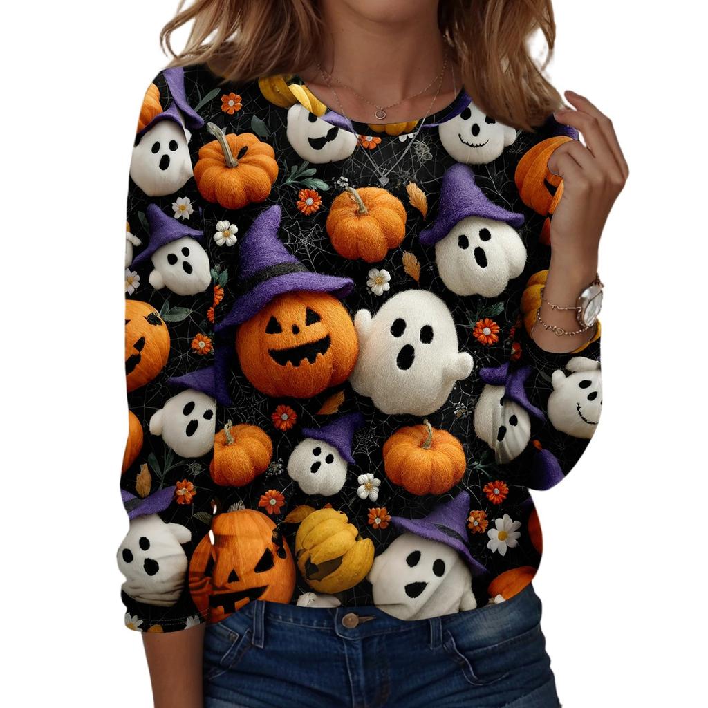 Damen Halloween bedrucktes rundhalsiges lockeres langärmeliges Oberteil
