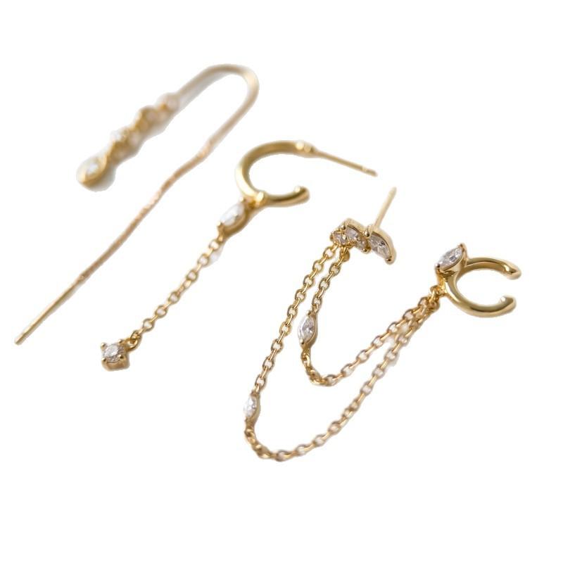 Personalized women's zircon long chain stud earrings, fashionable and exquisite high-end ins wind earbone clip earrings set batch