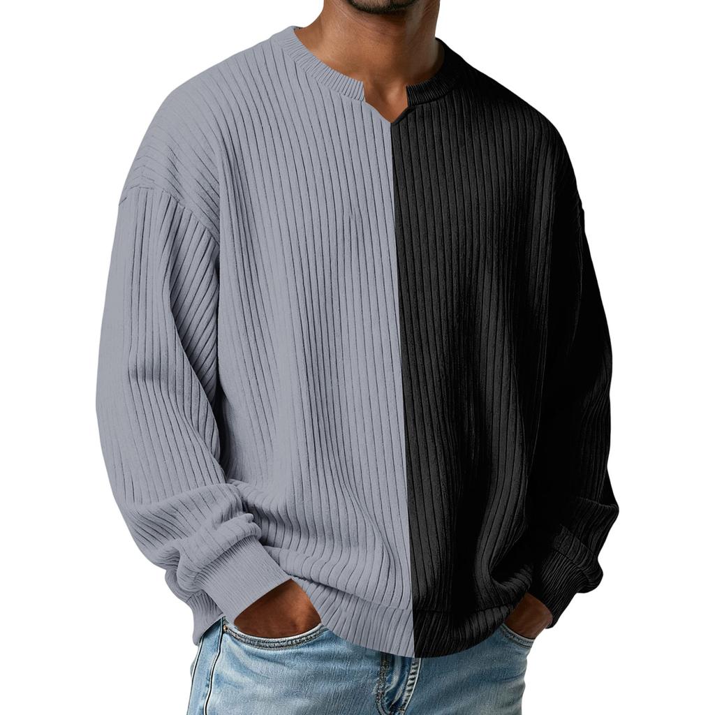 Herrars Färgblockerad Stilfull V-ringad Ribbad Texturerad Långärmad T-shirt