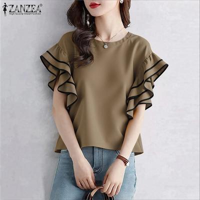 Women Casual Round Neck Ruffles Sleeve Loose Summer Blouse
