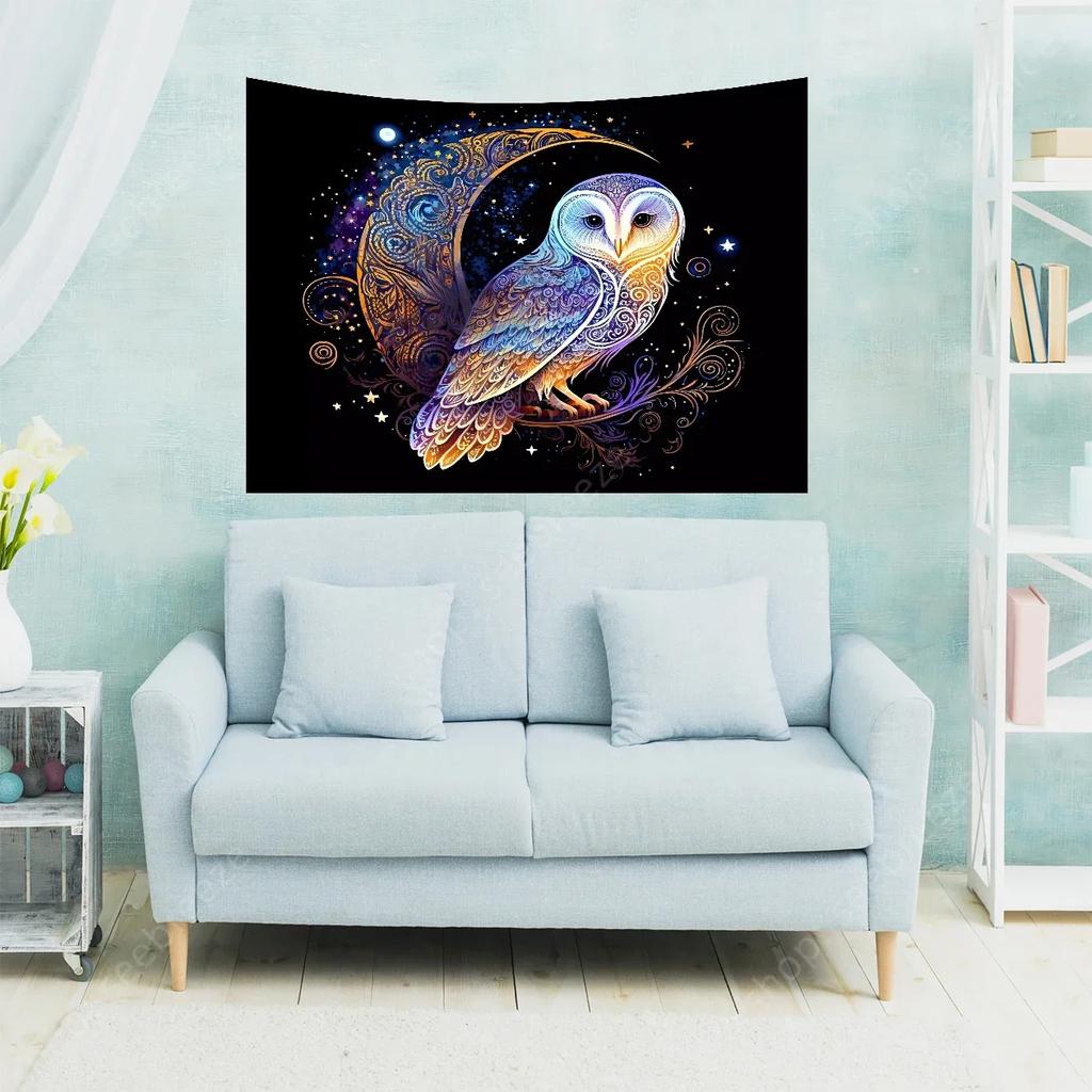 Lunar Owl Wall Tapestry Celestial Aesthetic, Moon Lovers Gift, Witch Wall Art, Ethereal Altar Cloth Trippy Room Decor Aesthetic