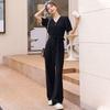 Women's Black Wide-Leg Jumpsuit: Slimming, Single-Breasted, Short Sleeve, Summer Fashion