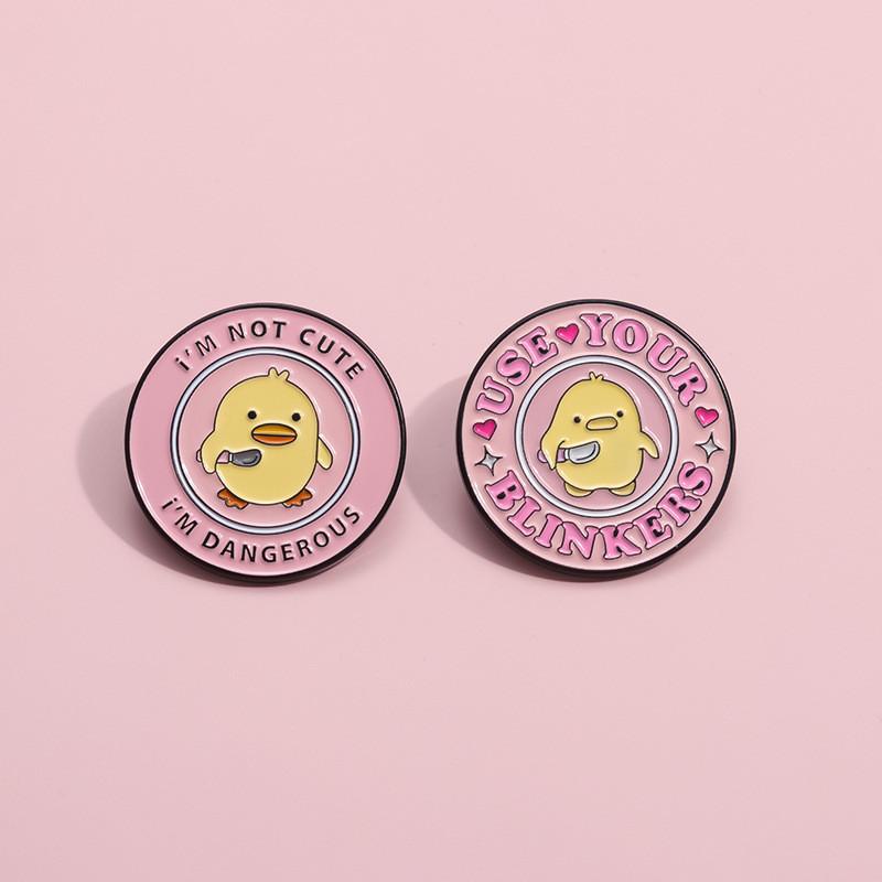 Charming Round Yellow Duck Cartoon Brooch With Artistic Pink Lettering For Occasion Every