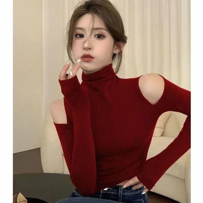 

Womens Cut Out Shoulder High Neck Slim Fit Long Sleeve Knit Top Stretchy Lightweight Pullover Shirt M