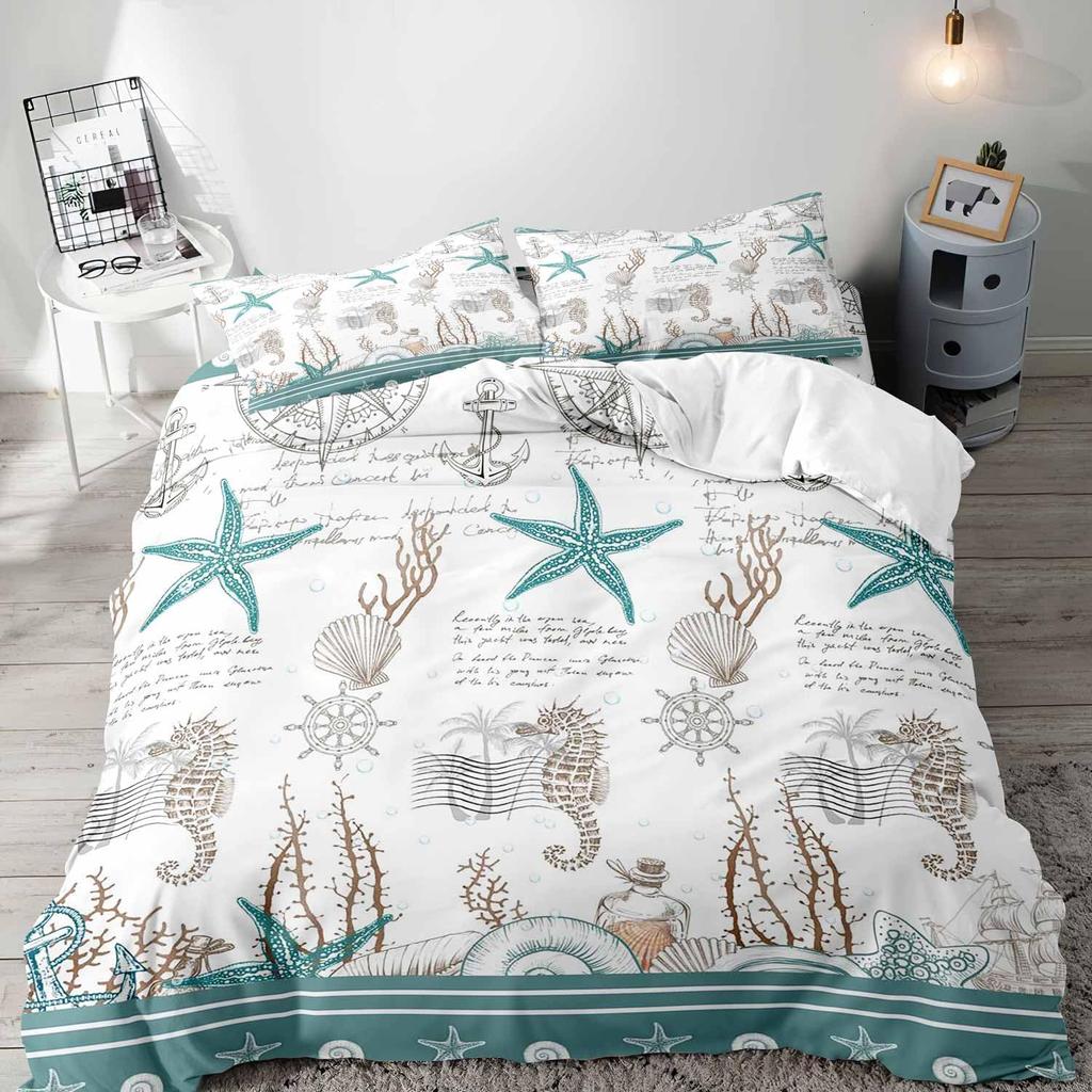 Beach Starfish Duvet Cover Set Blue Ocean Coastal Bedding Set Cute Ocean Creatures Seashells Starfish Print Comforter Cover Sets