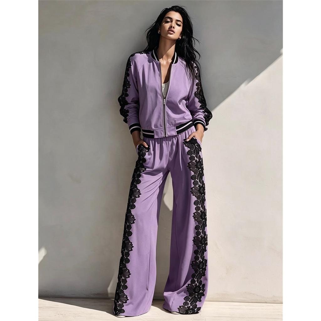 Women Lace Splicing Two Piece Set Zipper Baseball Jacket + Wide Leg Pants Casual Long Sleeve Tracksuit Ladies Outfit
