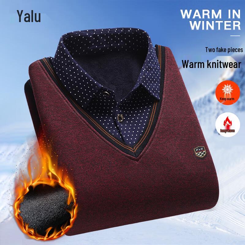 Yalu Men s Fleece-Lined Faux Two-Piece Shirt Collar Pullover Sweater 3XL