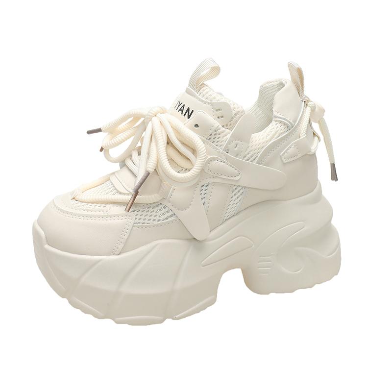 Fashion 9.5CM Women Casual Leather Sneaker Autumn Lace up High Platform Shoes Thick Sole Sport Dad Shoes Woman Sneakers Chaussure Femme