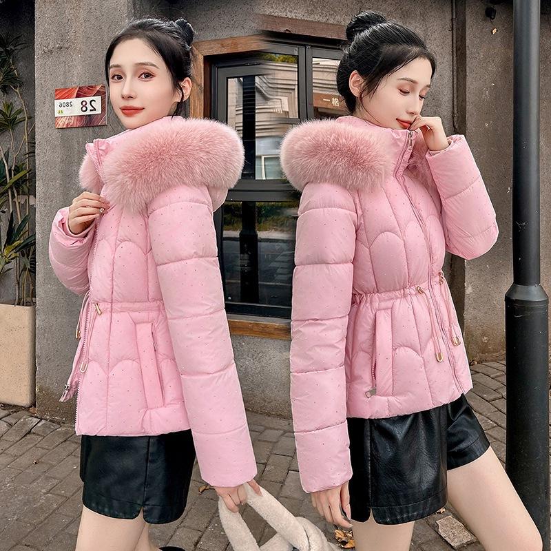 Sparkling down cotton-padded clothes women's winter big fur collar waist thin cotton-padded clothes jacket foreign style short small cotton-padd