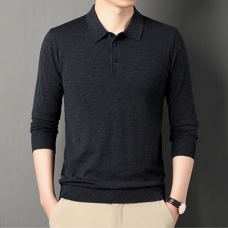 New Men's Business Casual Men's Wool Sweater Solid Color Bottoming Shirt Long-sleeved Sweater Knitted Polo Shirt Men's