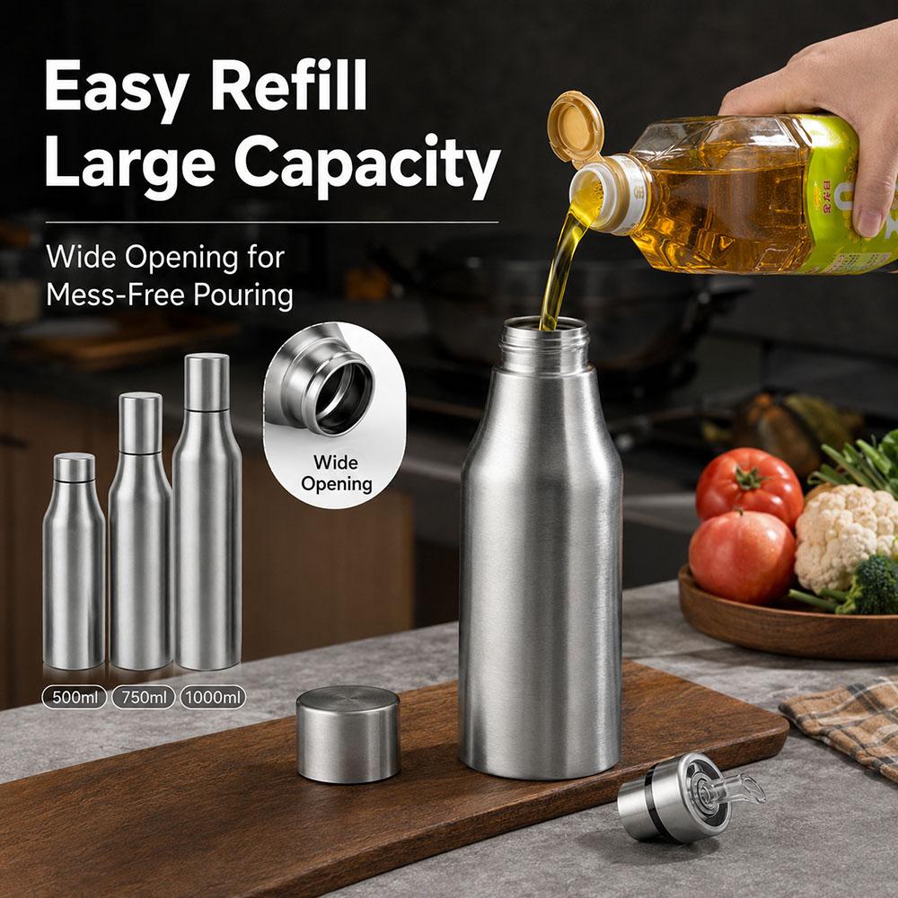 Stainless Steel Oil Dispenser Bottle with Easy Pour Spout Leak Proof Olive Oil Decanter for Kitchen Cooking Salad Dressing