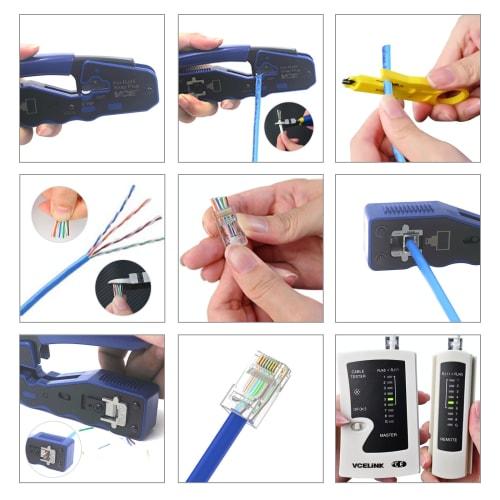 VCELINLK RJ45 Crimping Tool Set, LAN Crimping Tool, Nipper Plastic Model, 25-Piece RJ45 Connector Penetration + Protective Cover, LAN Tester, Wire Str