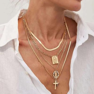 PuRui 4Pcs/Set Gold Color Flat Snake Thin Chain Necklace for Women Geometric Round Square Cross Pendant Daily Party Zircon New