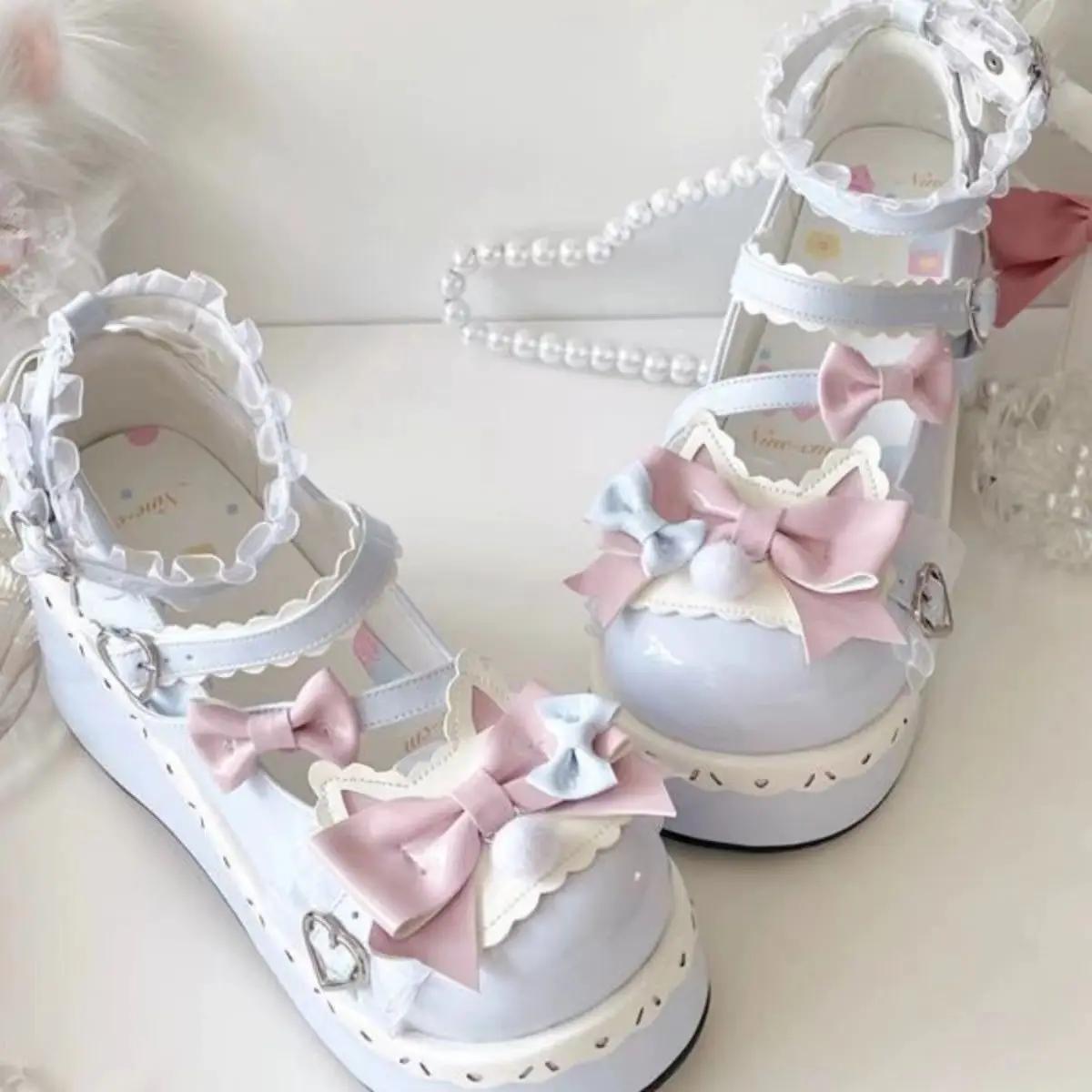 

Fashion Lovely Girls Lolita Sweet Bowknots Platform Shoes Kawaii Alice Lace Flat Elevator Shoes Mary Janes 35 синий