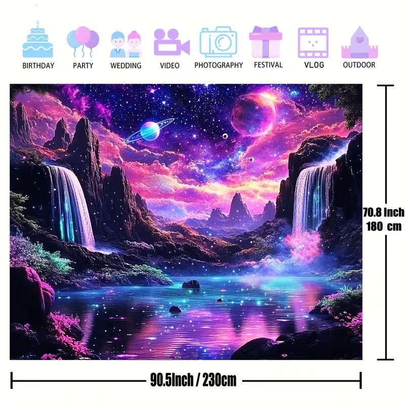 2D Dreamy Galaxy Waterfall Landscape Wall Hanging, Neon Fantasy Space Wilderness Home Background Tapestry