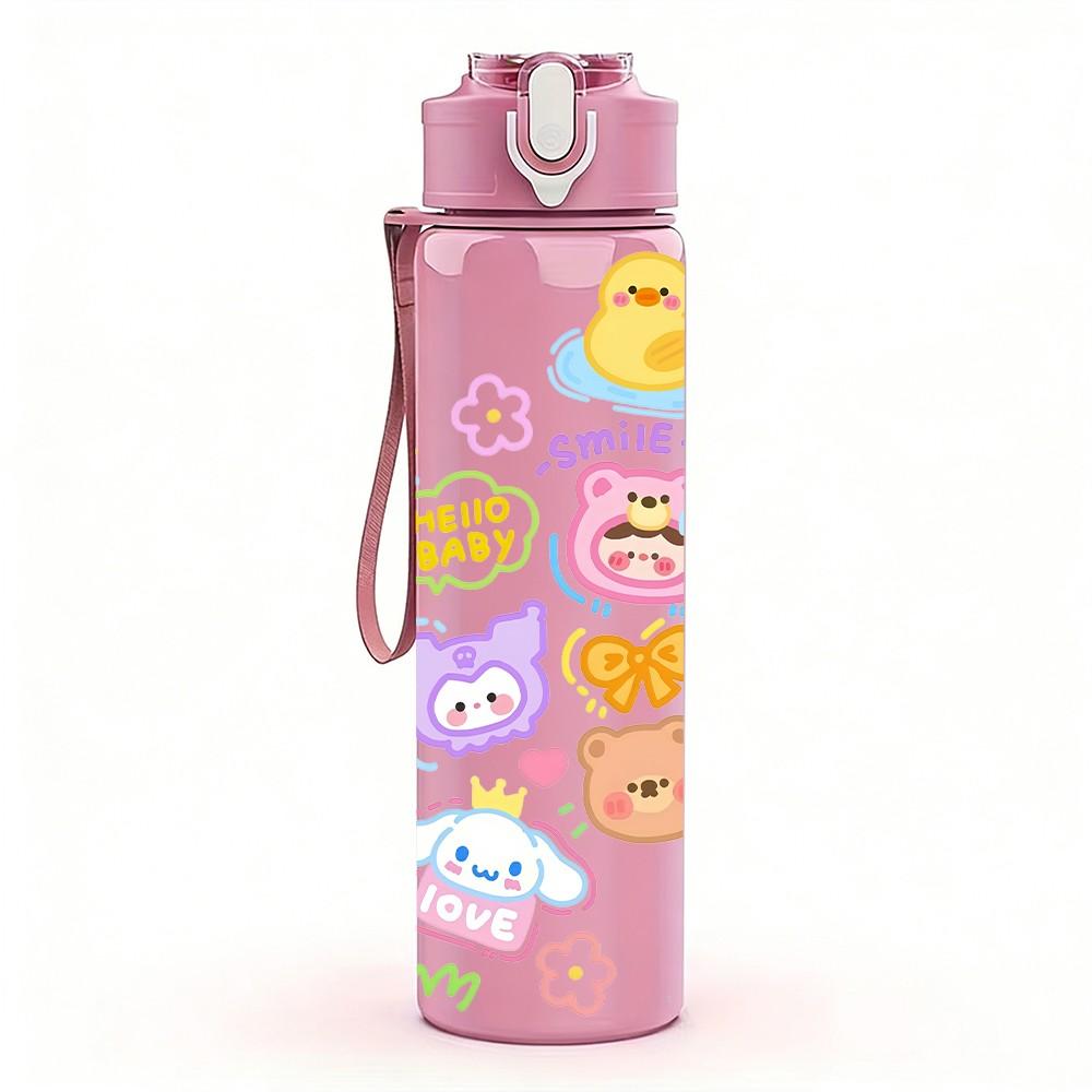 1PC Cute Mixed Cartoon Character Sticker Design 750ml Color Plastic Sports Water Bottle Leakproof Flip Straw Lid Suitable for Sports Office Home Use