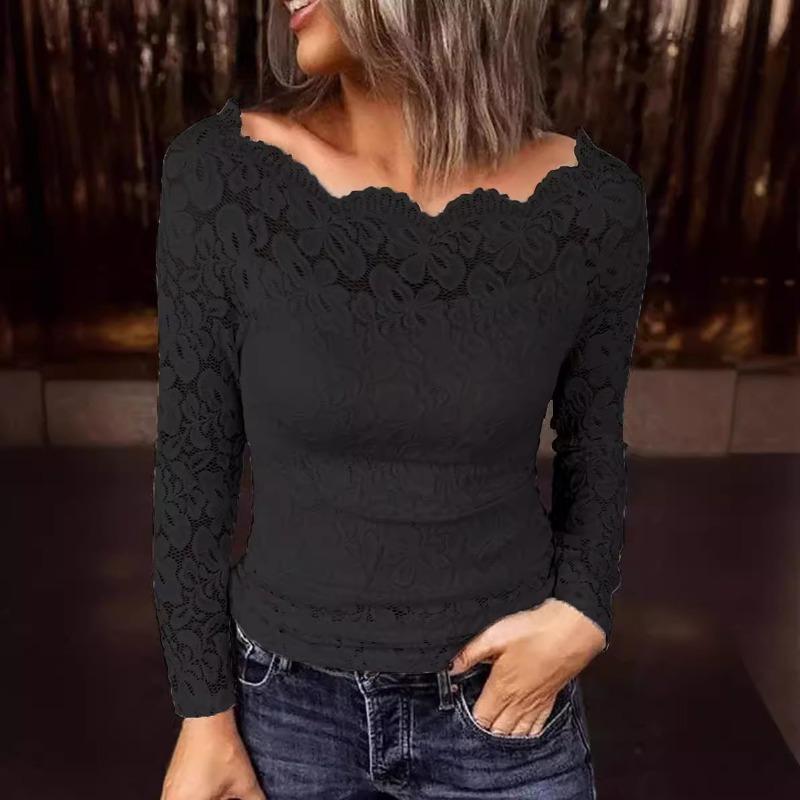 Elegant Sexy Slash Neck Lace Patchwork Shirts Women Long Sleeve Tops Slim Fit White Casual Blouse Women Vintage Solid Fashion Ladies Blouses 26203