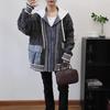 Mittellanger und langer Kapuzen-Patchwork-Denim-Reißverschluss-Strickjackenmantel Herbst und Winter Neu Lockerer Strick-Cardigan Damen