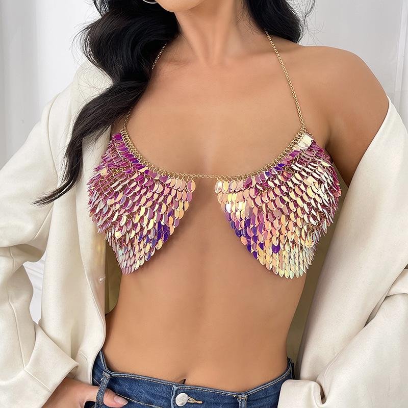 2024 Fashion Ins New Gradual Change Sequins Sexy Bra Body Chain Hot Backless Neck Sling