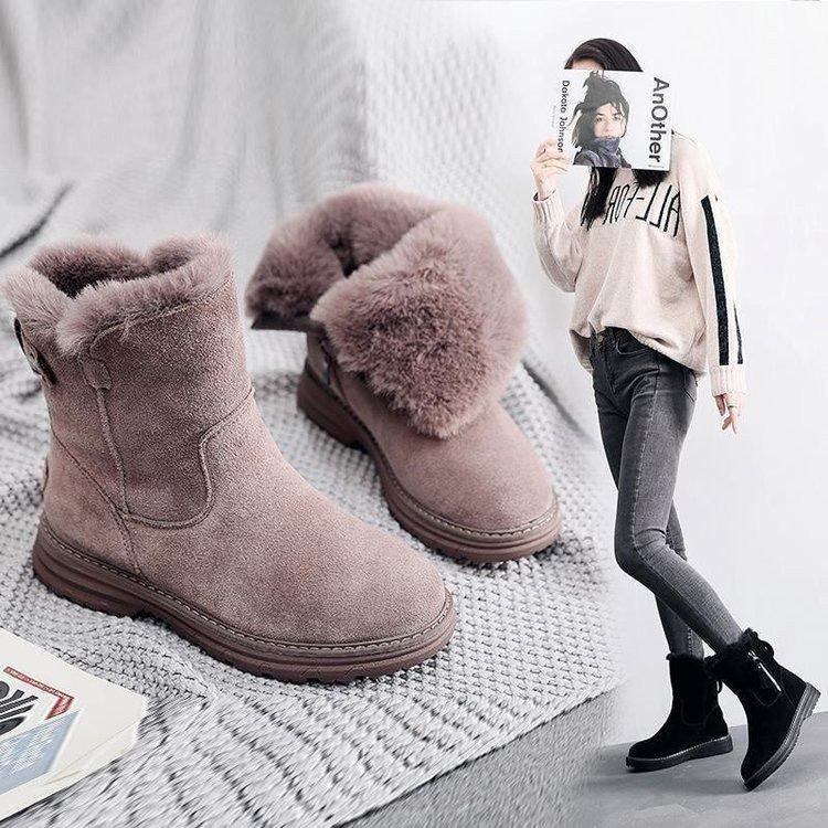 Snow boots women's trend winter new medium tube piled thickened warm cotton shoes fur integrated winter women's boots