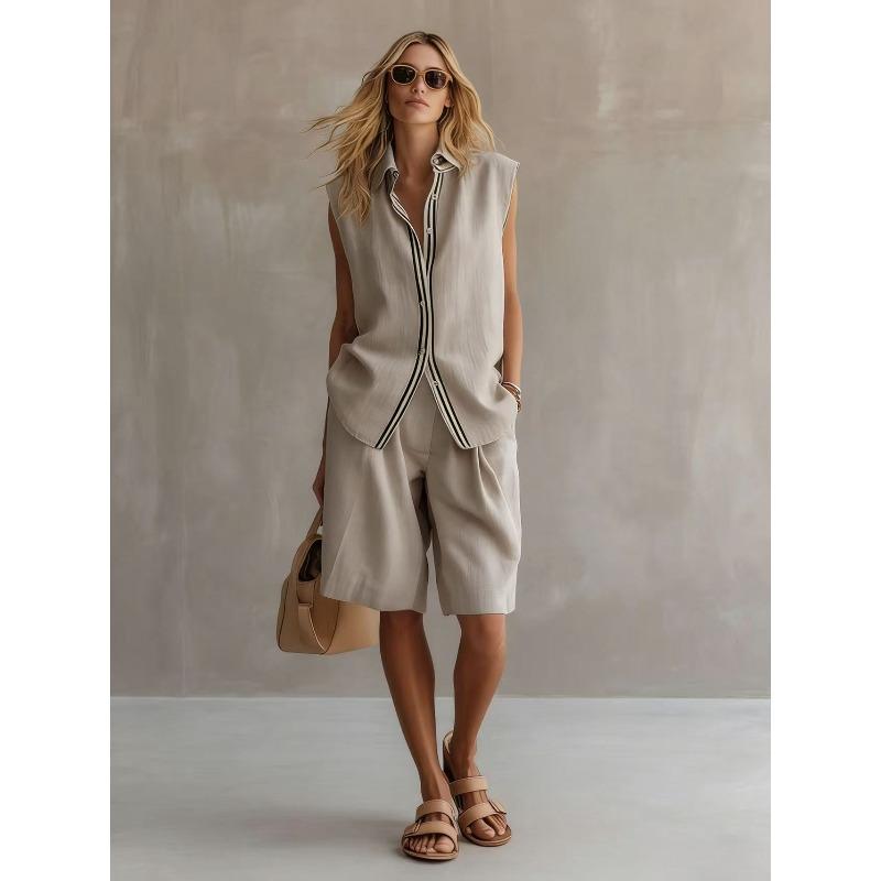 Summer New Style Fashionable Casual Two-piece Women's Single-button Sleeveless Shirt Set