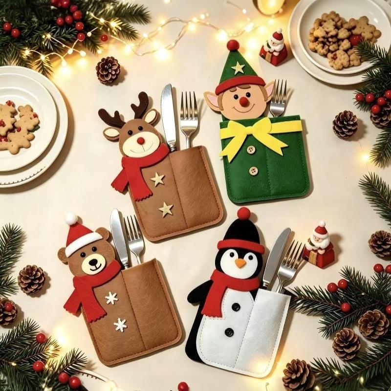 Weihnachtliche Besteckhalter mit niedlichen Cartoon-Tierdesigns für den festlichen Esstisch