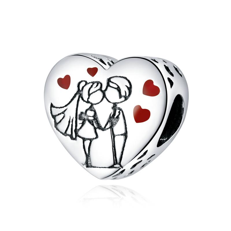 WOSTU 925 Silver Family Charm Plated Platinum Red Love Heart Beads Fit Bracelet Pendant Mother DIY Jewelry
