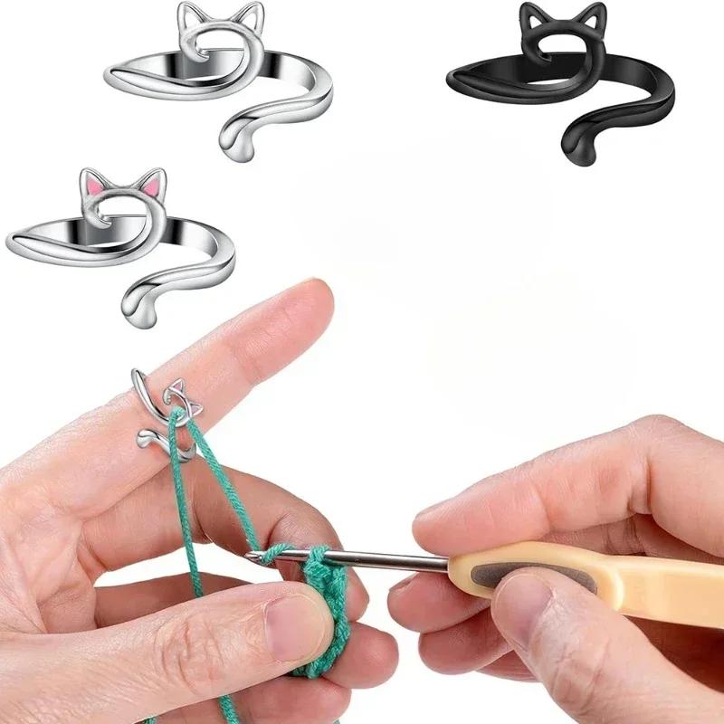 1PC Geometric Cat Ring Knitted Yarn Top Needle Crochet Hook Adjustable Knitted Crochet Hook Thread Loop Sewing Supplies