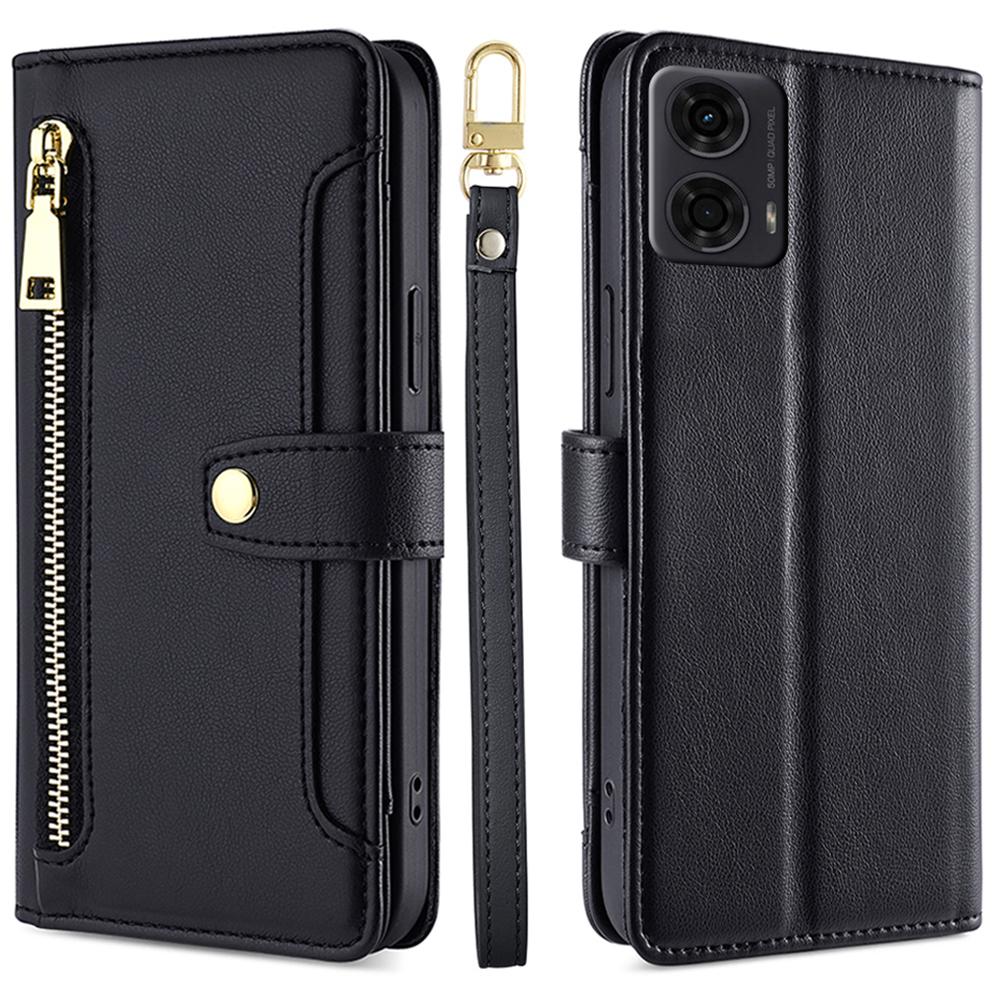 For Motorola Moto E14 4G/G04 4G/G04s 4G/G24 4G Leather Case Zipper Wallet Phone Cover with Shoulder Strap