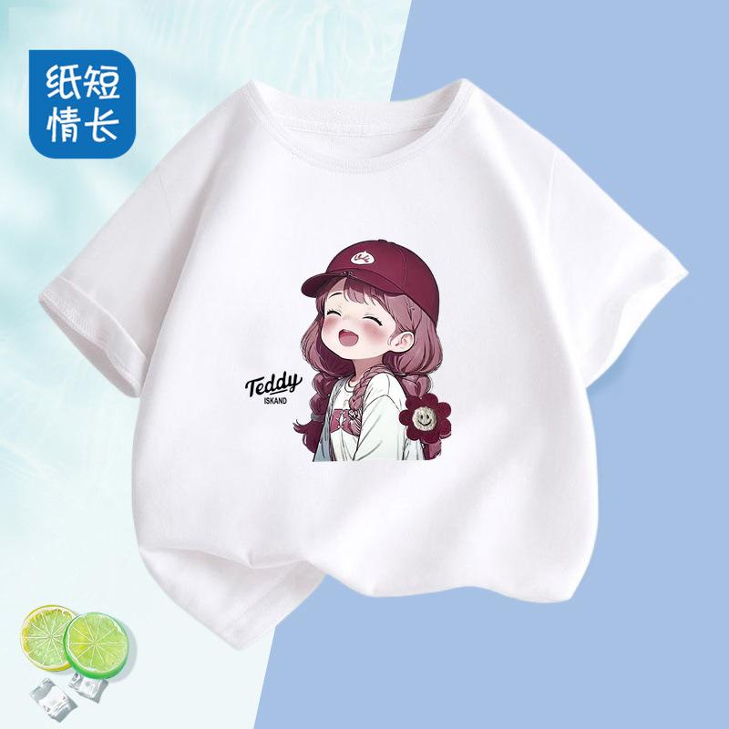 New Summer Cartoon Girl Printed Top Shortsleeved Tshirt and Base Shirt for Boys and Girls Soft polyester fabric