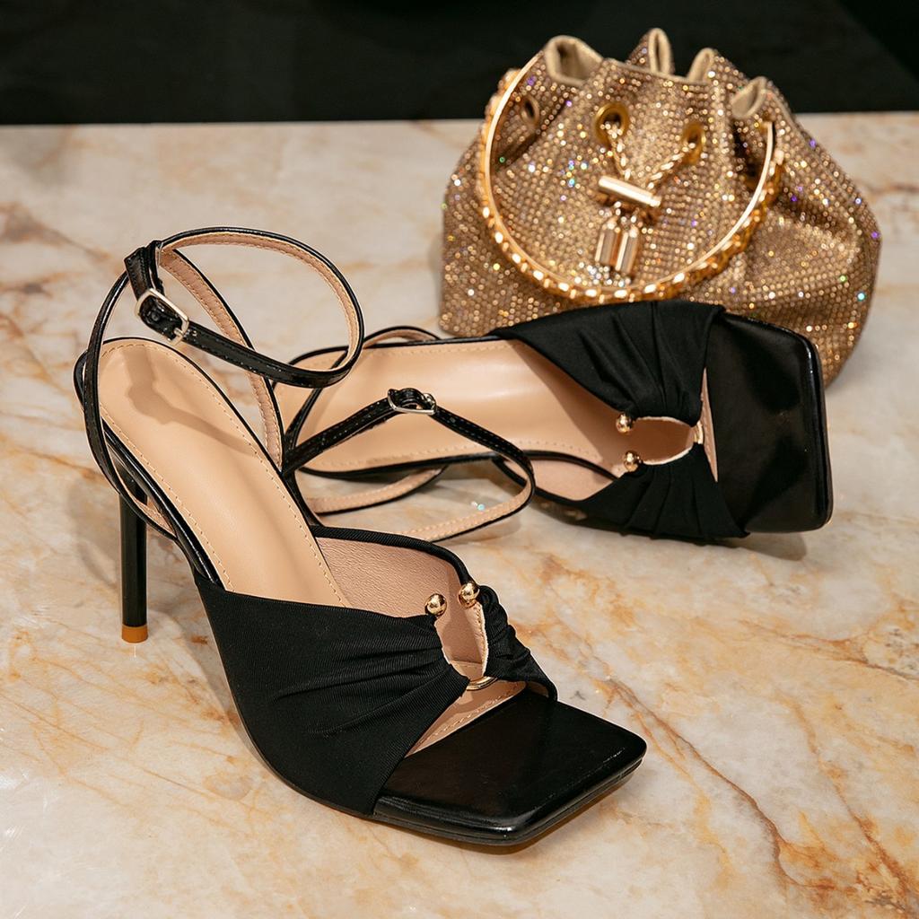 Sandales à talons hauts pour femmes, chaussures pour femmes à talons hauts noirs, sandales simples à talons aiguilles pour soirée de mode, à boucle et bout carré