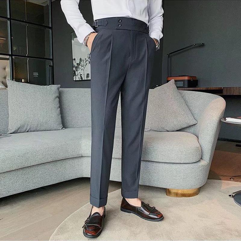 Men's Slim High-Waisted Business Trousers - Solid Color Straight Fit