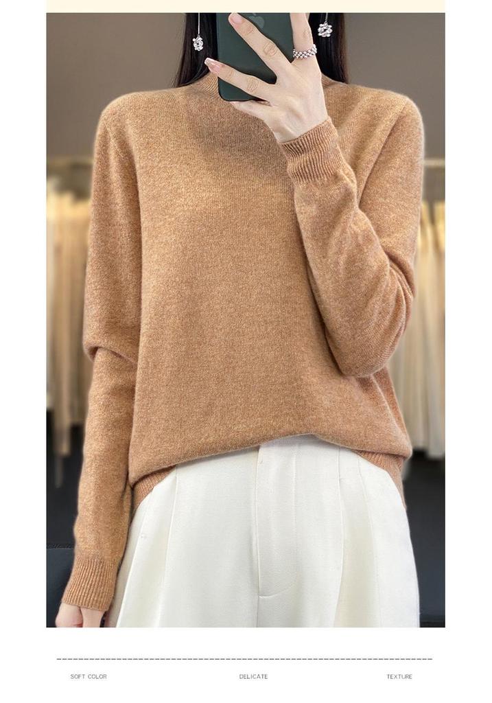 Women's Pure Wool Half-High Neck Sweater - Loose Fit Knitwear for Autumn and Winter