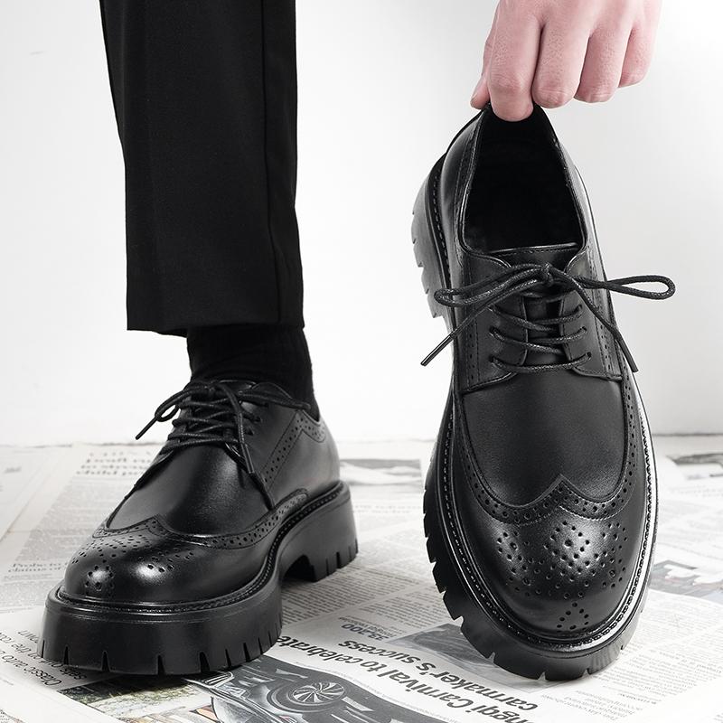 Leather shoes summer platform heightened British style Brock business dress black wedding groom shoes