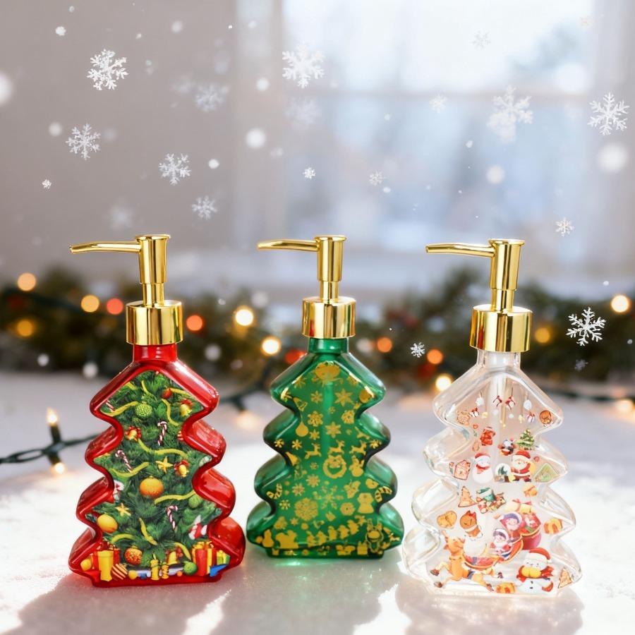 Christmas Design Glass Dispenser Bottle Refillable Pump for Shampoo Soap Lotion Holiday Bathroom Decor Gifts Vanity Organizer